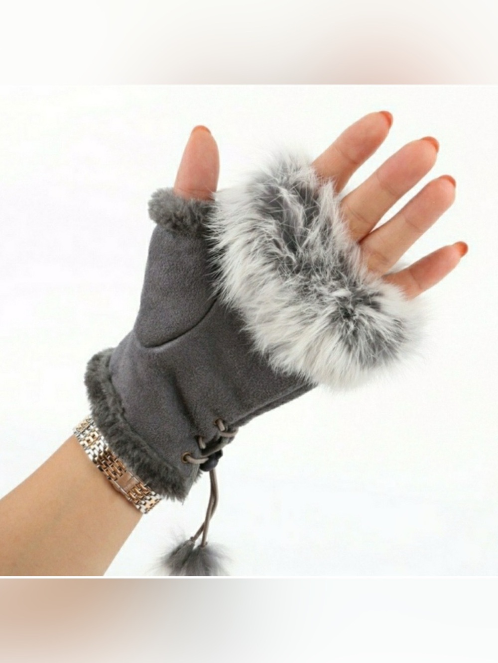 Women's Gray Faux Fur Trim Fingerless Gloves